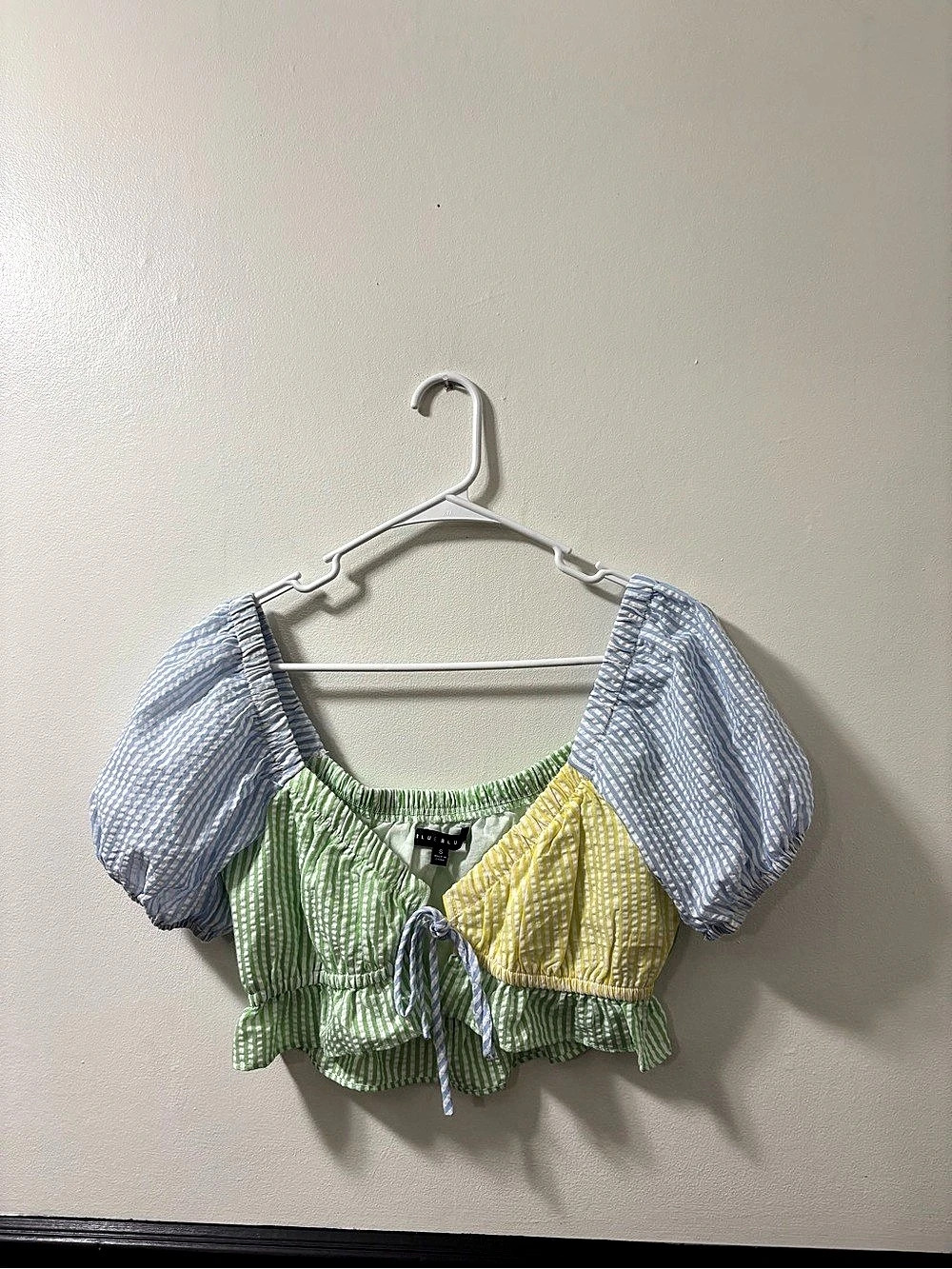 Blue Blush Striped Puff Sleeve Crop Top in Green, Yellow & Blue Size Small